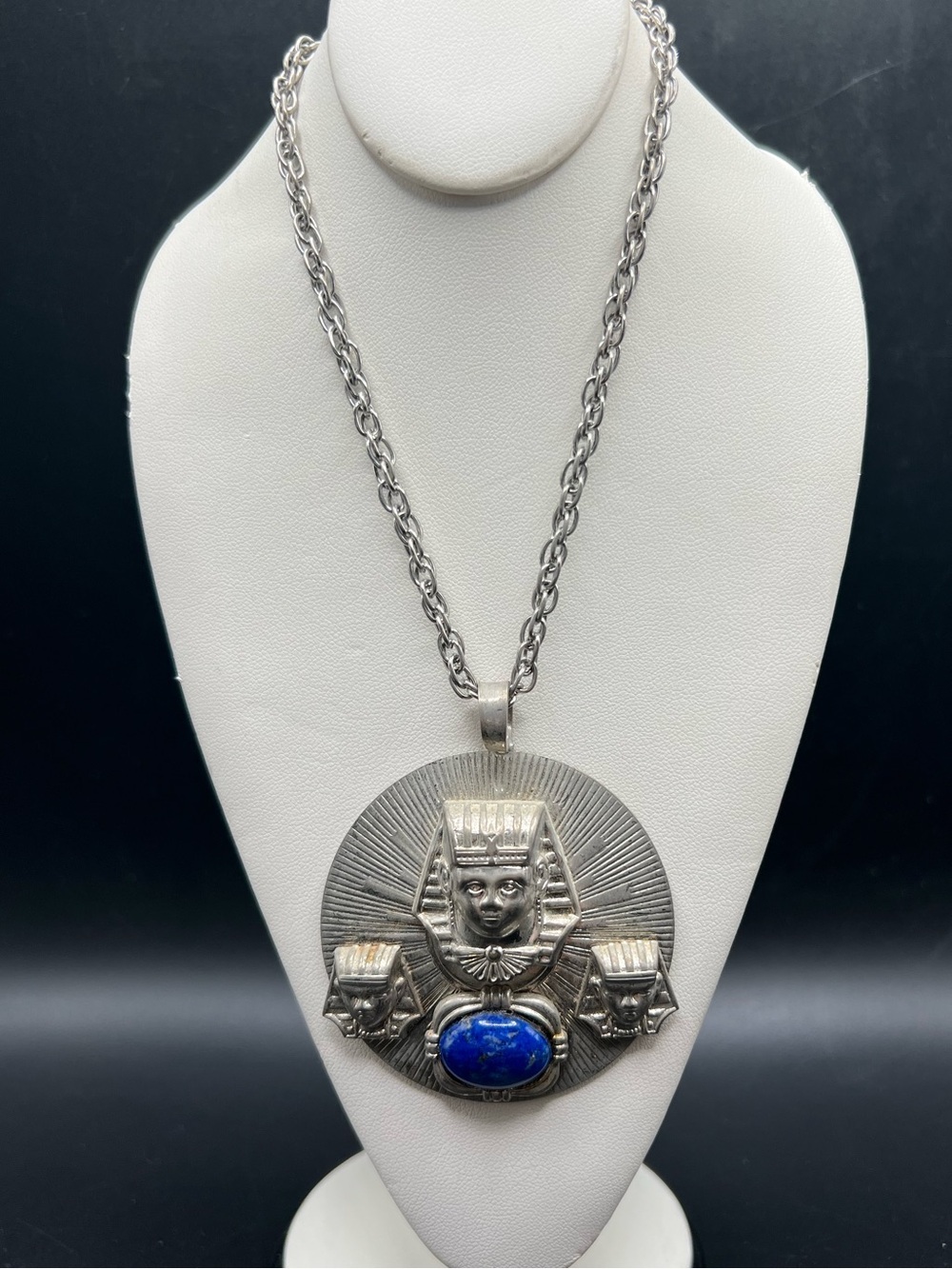 Egyptian Revival Style Necklace Silver Tone Blue Acrylic Cabochon King Tut